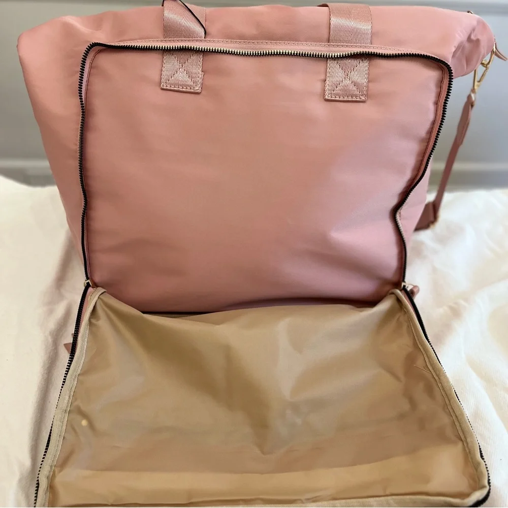 Pink soft padded nylon overnight laptop tote w/ double handle & adjustable strap